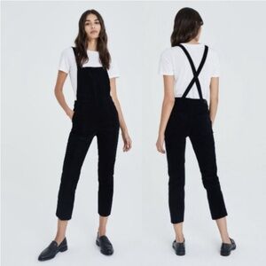 AG ADRIANO GOLDSCHMIED BLACK CORDUROY ISABELLE STRAIGHT CROP PLEATED OVERALLS
